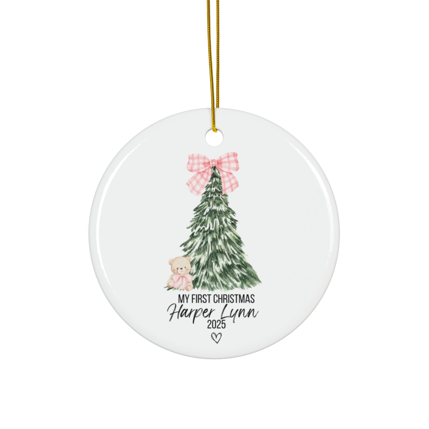 Custom ‘My First Christmas Ornament Baby Name & Year (Tree & Pink Bow)