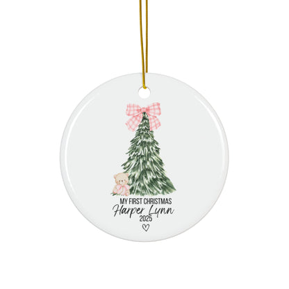 Custom ‘My First Christmas Ornament Baby Name & Year (Tree & Pink Bow)