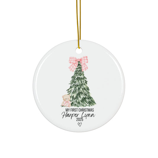 Custom ‘My First Christmas Ornament Baby Name & Year (Tree & Pink Bow)